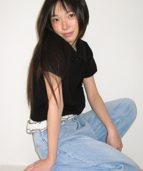 POCKET COLLARED KNIT SHORT SLEEVE CARDIGAN BLACK
