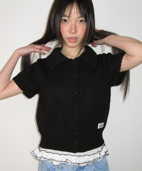 POCKET COLLARED KNIT SHORT SLEEVE CARDIGAN BLACK