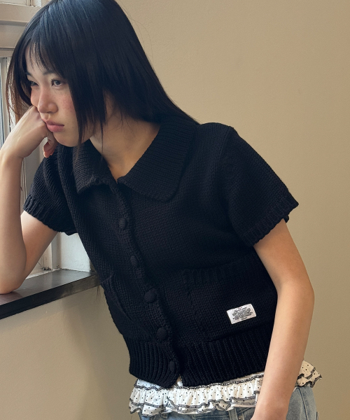 POCKET COLLARED KNIT SHORT SLEEVE CARDIGAN BLACK