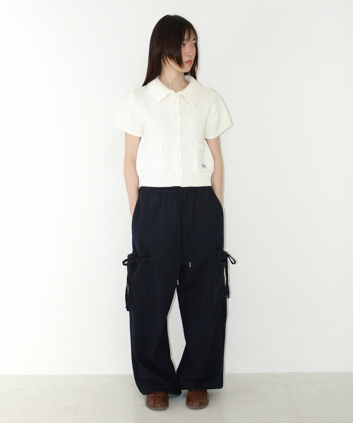 POCKET COLLARED KNIT SHORT SLEEVE CARDIGAN IVORY