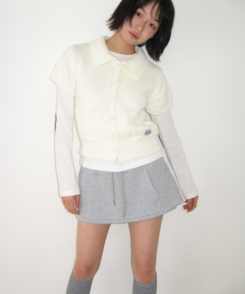 POCKET COLLARED KNIT SHORT SLEEVE CARDIGAN IVORY