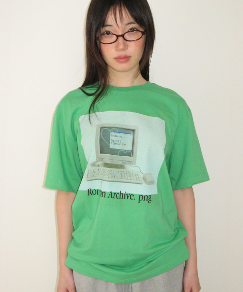RETRO COMPUTER GRAPHIC OVER FIT T SHIRT GREEN