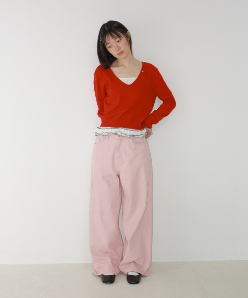 BASIC DEEP V NECK COMPACT KNIT RED