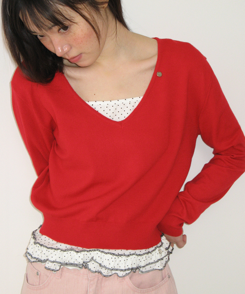 BASIC DEEP V NECK COMPACT KNIT RED