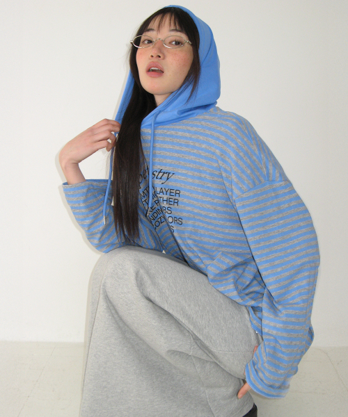 STRIPE BLOCKING HOOD LONG SLEEVE BLUE