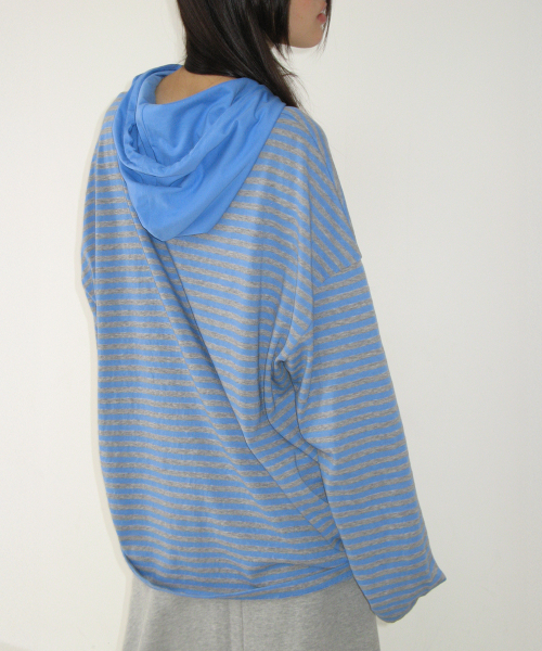 STRIPE BLOCKING HOOD LONG SLEEVE BLUE