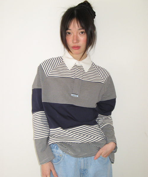 STRIPE BLOCK COLLAR LONG SLEEVE NAVY
