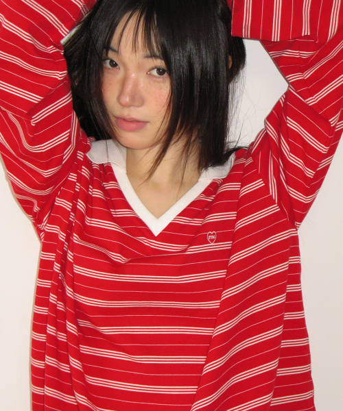 STRIPE V NECK COLLAR LONG SLEEVE RED