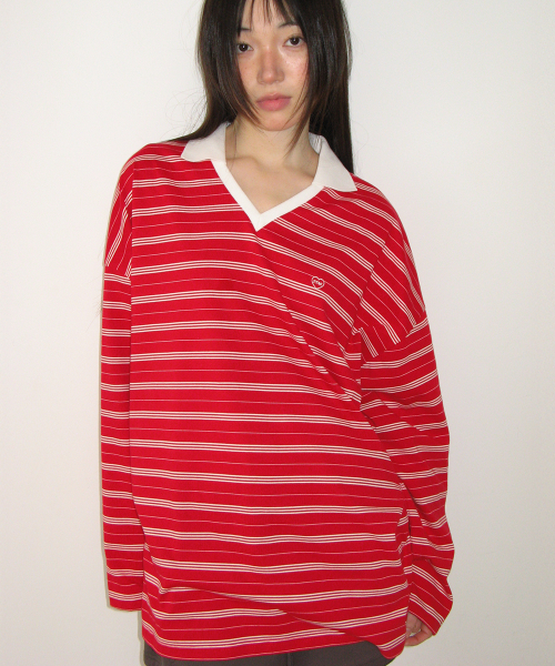 STRIPE V NECK COLLAR LONG SLEEVE RED