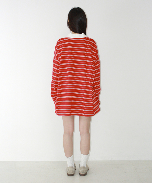 STRIPE V NECK COLLAR LONG SLEEVE RED