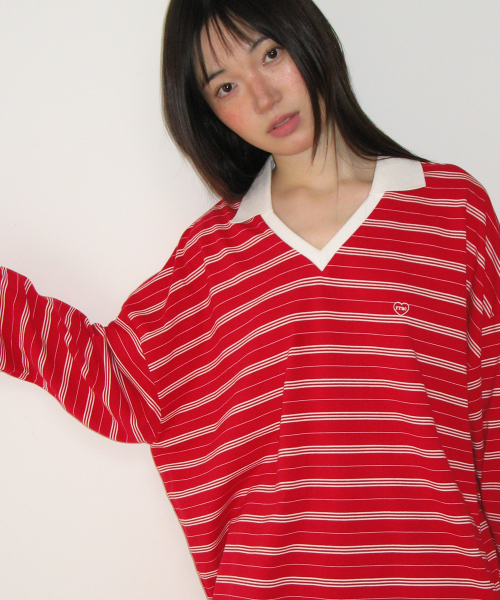 STRIPE V NECK COLLAR LONG SLEEVE RED