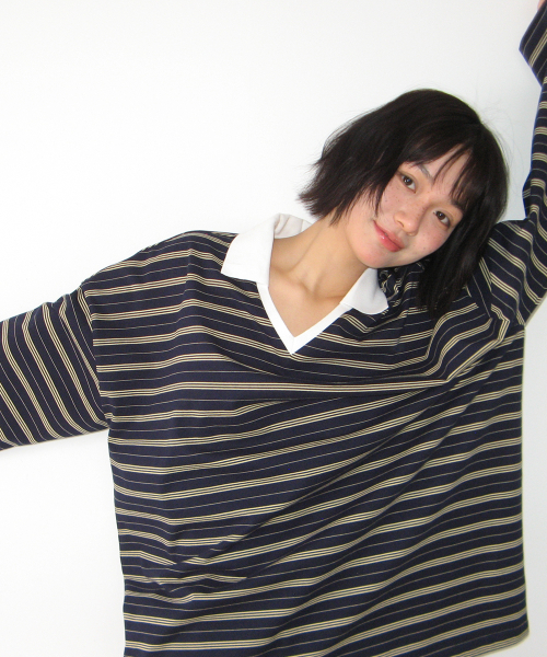 STRIPE V NECK COLLAR LONG SLEEVE NAVY