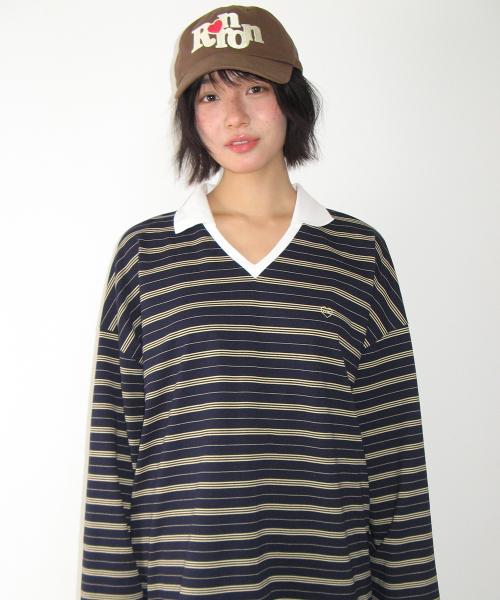 STRIPE V NECK COLLAR LONG SLEEVE NAVY