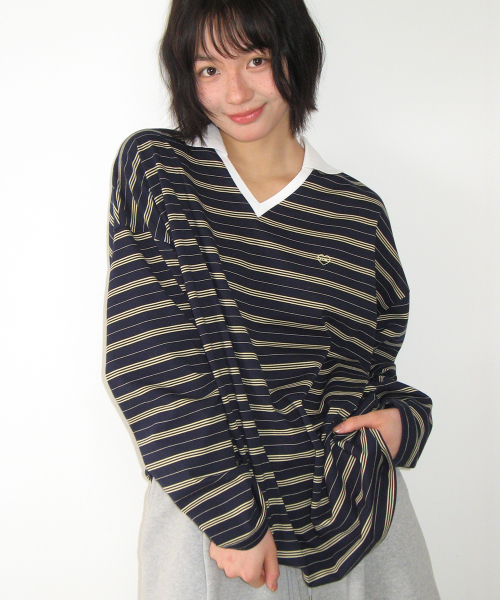 STRIPE V NECK COLLAR LONG SLEEVE NAVY