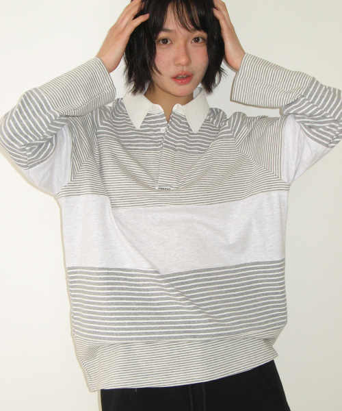 STRIPE BLOCK COLLAR LONG SLEEVE GREY