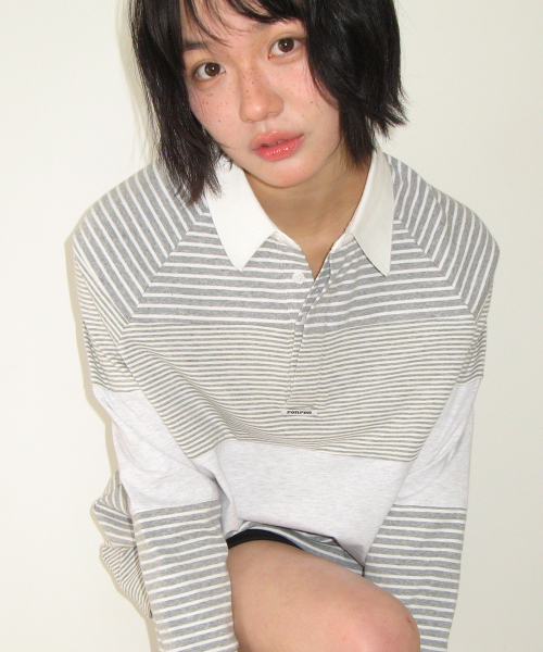 STRIPE BLOCK COLLAR LONG SLEEVE GREY