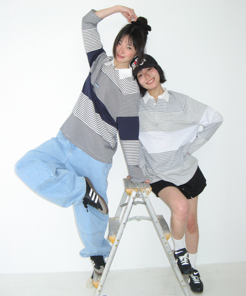 STRIPE BLOCK COLLAR LONG SLEEVE GREY