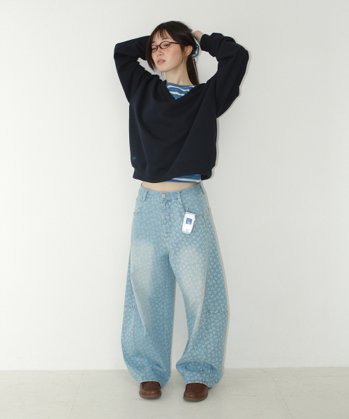 BALLOON FIT FLORAL DENIM PANTS LIGHT BLUE
