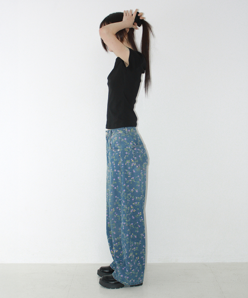 BALLOON FIT FLORAL DENIM PANTS MEDIUM BLUE