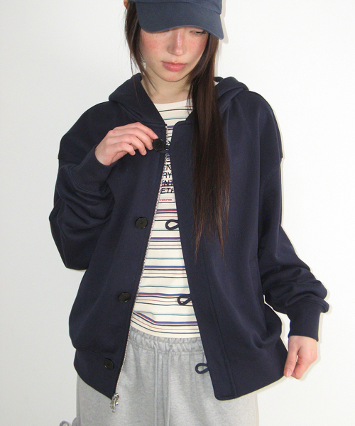 DUFFLE PLACKET HOODIE ZIP UP NAVY