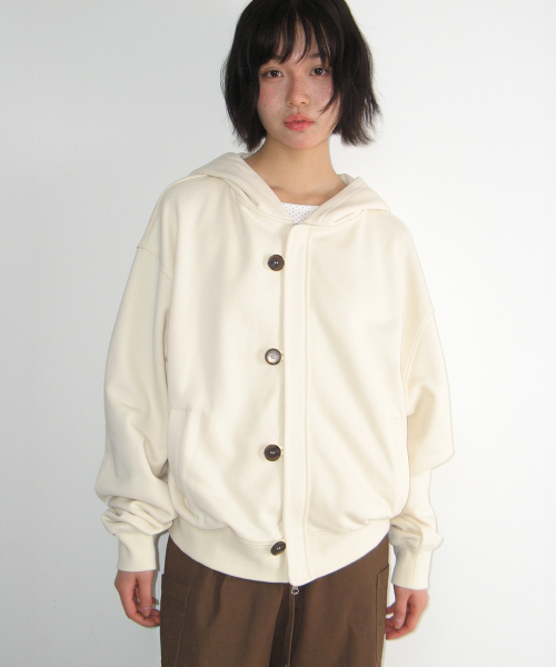 DUFFLE PLACKET HOODIE ZIP UP IVORY