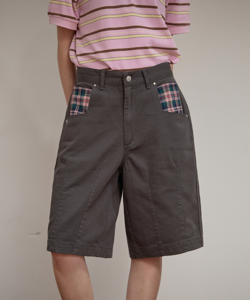Check Applique Half Pants CHARCOAL
