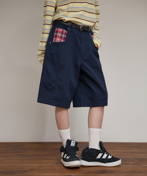 Check Applique Half Pants NAVY