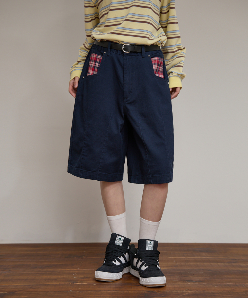 Check Applique Half Pants NAVY