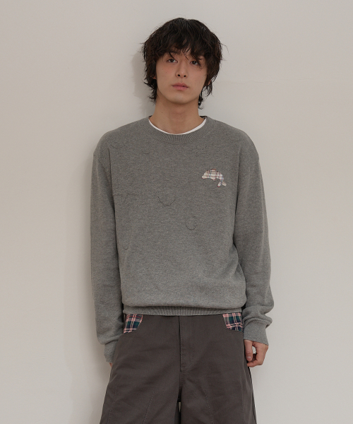 Dolphin Check Applique Crew Neck Knit GREY