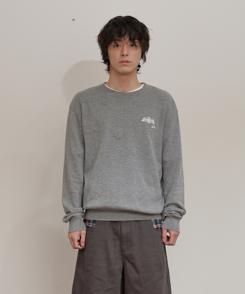 Dolphin Check Applique Crew Neck Knit GREY