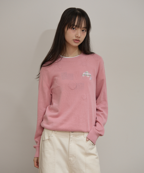 Dolphin Check Applique Crew Neck Knit PINK