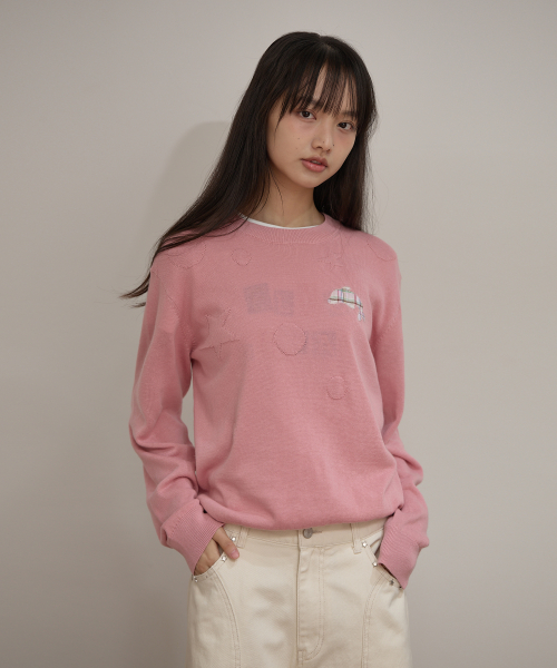 Dolphin Check Applique Crew Neck Knit PINK
