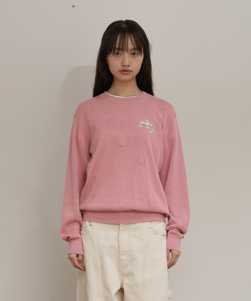 Dolphin Check Applique Crew Neck Knit PINK