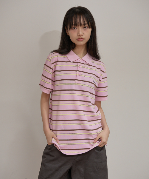 Stripe Logo Pique Half T-shirt PINK