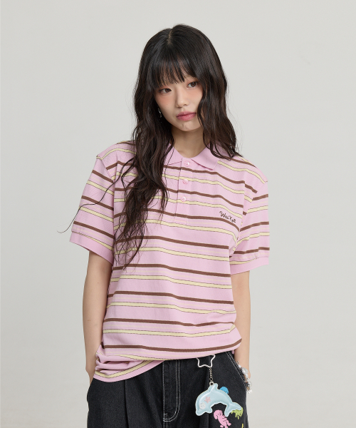 Stripe Logo Pique Half T-shirt PINK