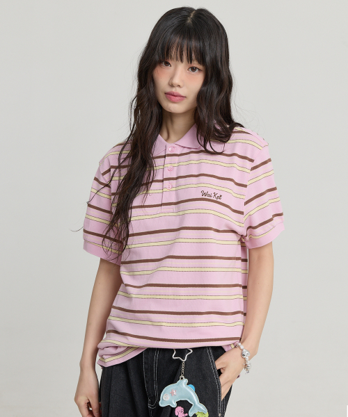 Stripe Logo Pique Half T-shirt PINK
