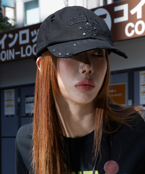 XF016 메스 스터드 데미지 코튼 볼캡 (BLACK)