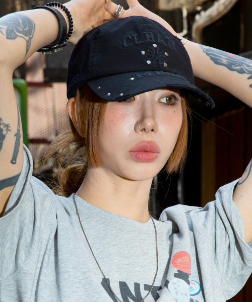 XF016 메스 스터드 데미지 코튼 볼캡 (BLACK)