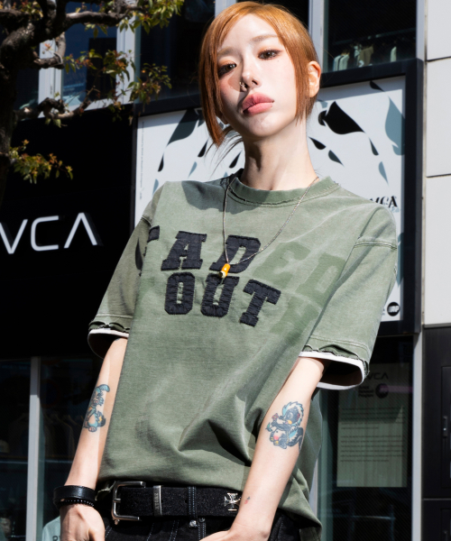 XF014 아치 아플리케 데미지 워싱 티셔츠 (KHAKI)