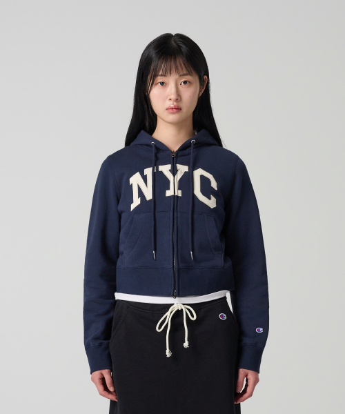 여성 NYC 크롭 후드 집업 Navy