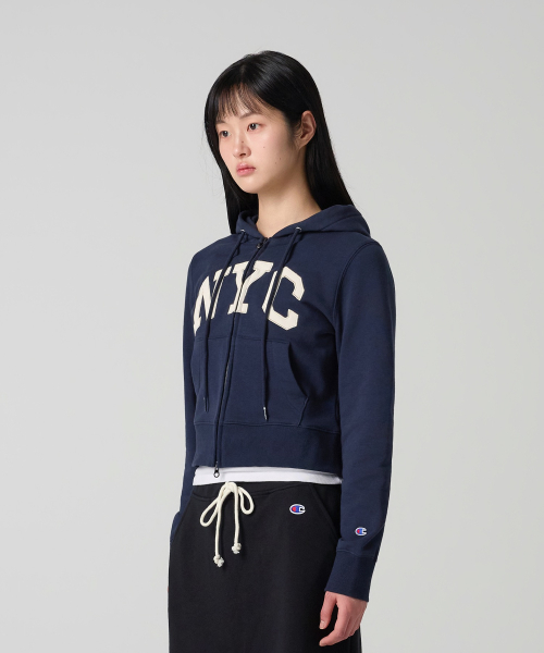 여성 NYC 크롭 후드 집업 Navy