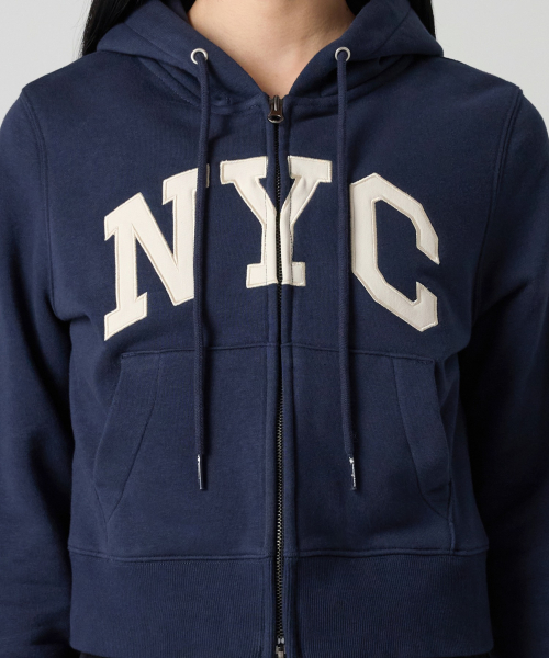 여성 NYC 크롭 후드 집업 Navy