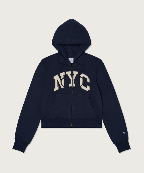 여성 NYC 크롭 후드 집업 Navy