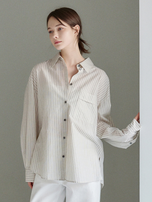 Airy Cotton Over-fit Stripe Shirt Grey AT6SHA013GE