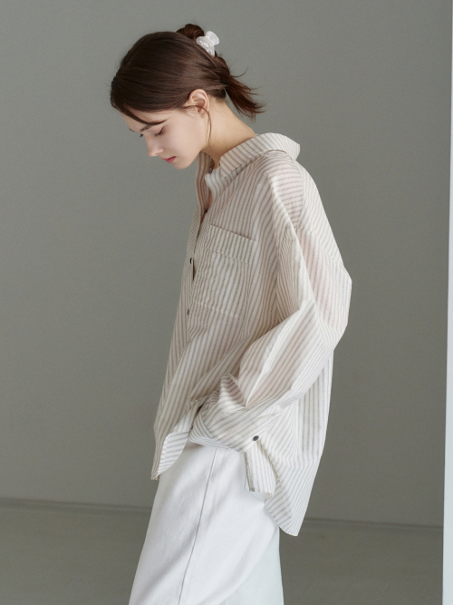 Airy Cotton Over-fit Stripe Shirt Grey AT6SHA013GE