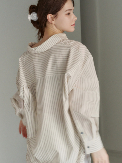 Airy Cotton Over-fit Stripe Shirt Grey AT6SHA013GE