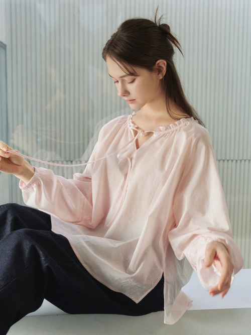 Comfort Frilled-Neck Shirring Blouse Light Pink AT6BLA017LP