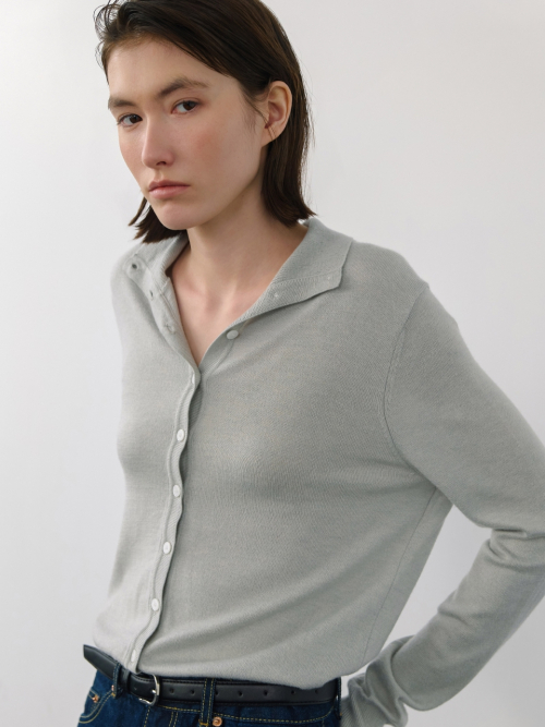 Mock neck Soft Button Cardigan Light Grey AT6CDA010LE