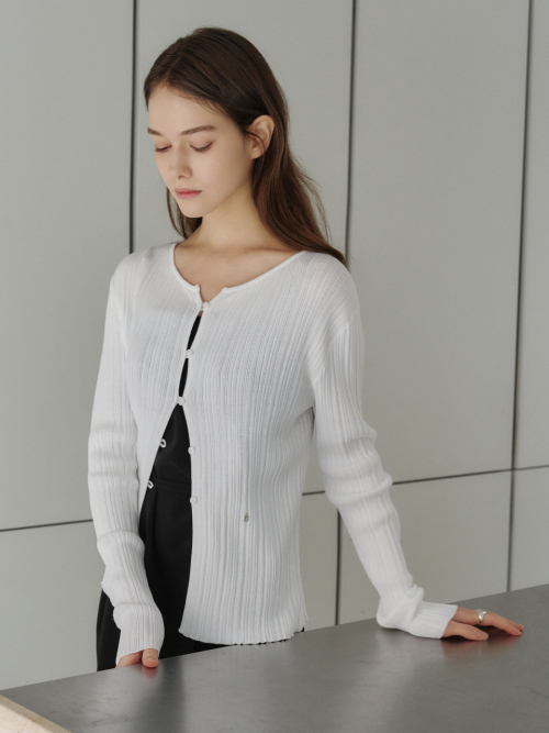 Slim Boat-neck Ribbed Cardigan White AT6CDA009WT