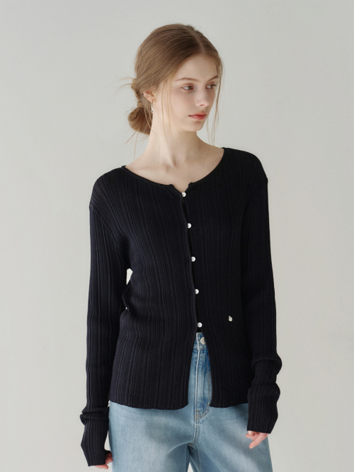 Slim Boat-neck Ribbed Cardigan Black AT6CDA009BK